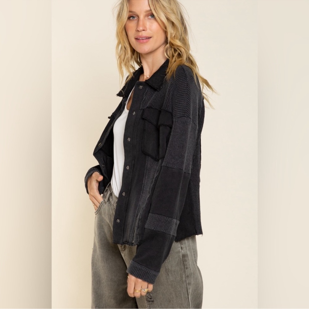 Pol Black Button Down Shirt Snap Button Front Poc… - image 1